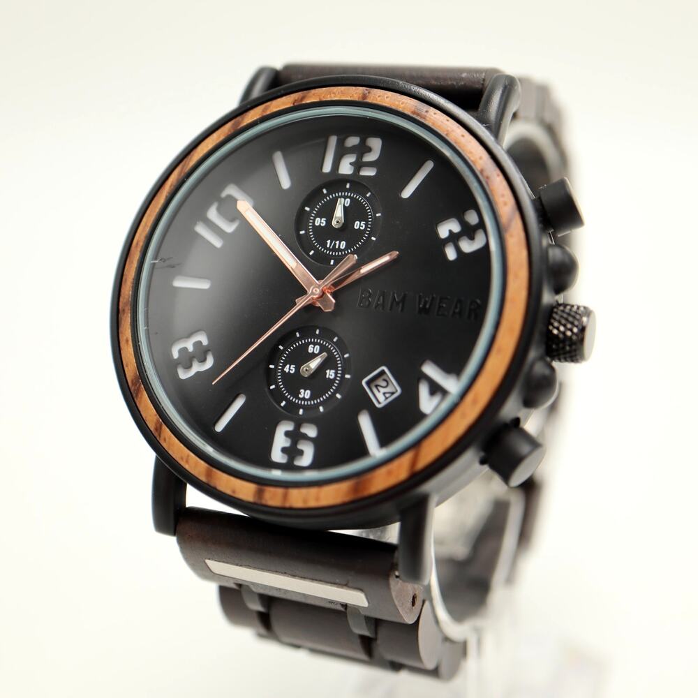 BAM Wear Wood Black 44mm Chronograph Watch Date Wooden Bracelet w New Battery